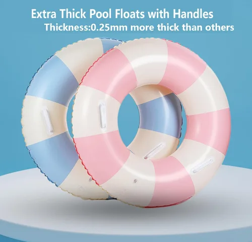 Miniatura 9 de Flotadores inflables de piscina para adultos, paquete de 2 flotadores a rayas, tubos de piscina, anillos de natación con asas, flotador inflable