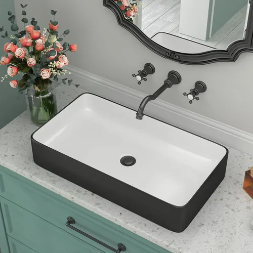 Fregadero de baño de porcelana de cerámica rectangular de 24 x 14 pulgadas sobre mostrador, lavabo de arte blanco y negro