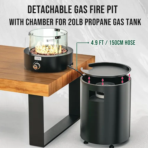 Miniatura 3 de Fogata de gas desmontable con rocas de lava, escudo de vidrio y ruedas, hoguera de propano sin humo con manguera para patio, patio, campamento