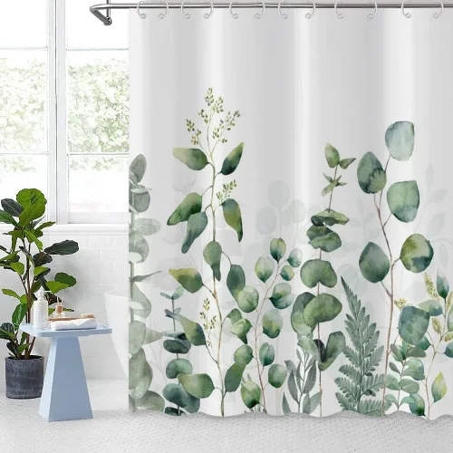Miniatura 23 de Cortina de ducha de eucalipto, hojas verdes de acuarela en la parte superior con cortina de baño floral, decoración de baño para bañera, tela Hoja