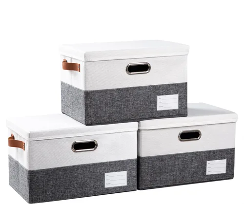Miniatura 70 de PRANDOM Contenedor de almacenamiento plegable con tapa [1 unidad] Caja de almacenamiento decorativa de tela de lino, cesta organizadora con asas