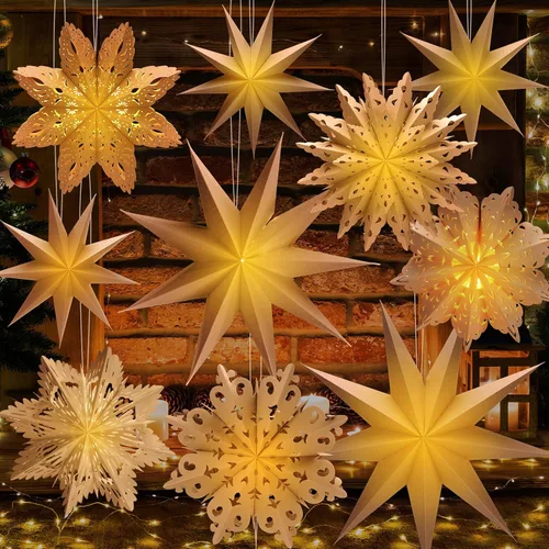 Leinuosen Juego de 10 Faroles de Papel de Copo de Nieve de Navidad, Faroles de Estrella de Papel con 10 Luces LED, Lámpara de Estrella Colgante,