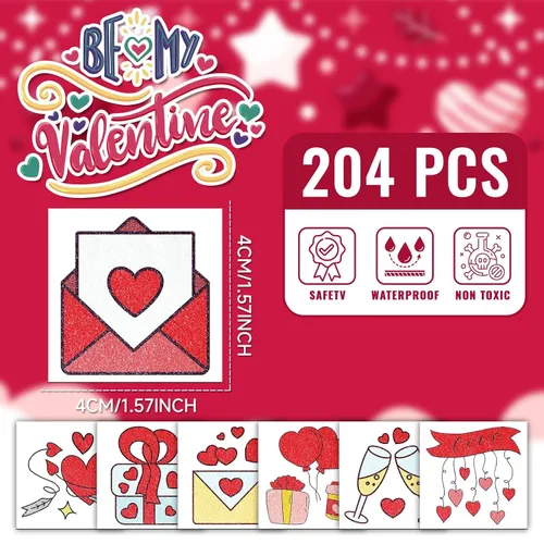 Miniatura 6 de EMOME 204 tatuajes con purpurina de San Valentín para niños, envueltos individualmente, tatuajes temporales para niñas, lindos tatuajes temporales