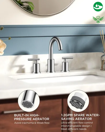 Miniatura 2 de FORIOUS Grifo de baño cromado de 3 agujeros, 8 pulgadas, grifo de lavabo de baño de cromo pulido de 6 pulgadas con drenaje desplegable de metal