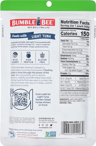 Miniatura 2 de Bumble Bee Chunk Light Atún en agua, bolsa de 2.5 onzas, listo para comer, paquete de atún capturado en la naturaleza, 0.56 oz de proteína por