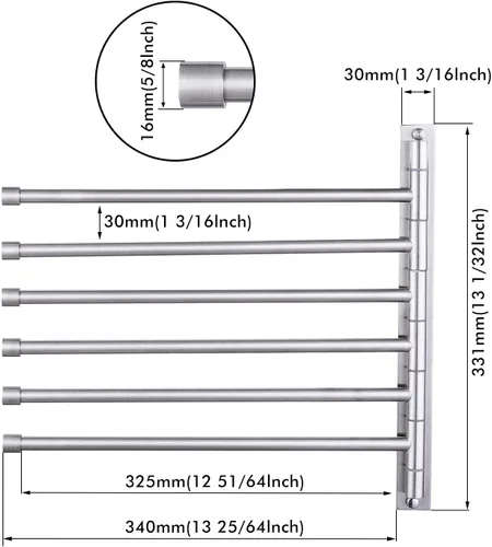 Miniatura 2 de KES Toallero oscilante, brazo plegable de 6 bares, organizador de almacenamiento para baño, montaje en pared, a prueba de óxido, 13 pulgadas, acero