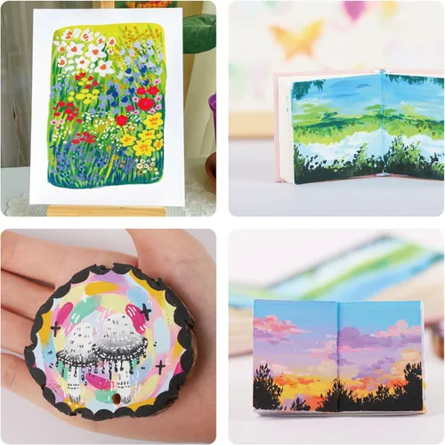 Miniatura 6 de HIMI - Juego de pintura Gouache de 24 colores vibrantes, pinturas no tóxicas, diseño de taza de gelatina con pinceles de pintura de paleta, portátil