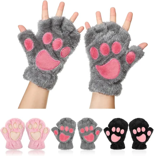 SATINIOR 3 pares de guantes de pata de gato, guantes sin dedos, guantes de felpa de invierno para mujeres y niñas