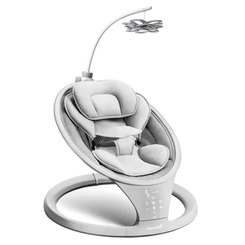 Columpio Vibratorio para Bebé Munchkin, Gris Claro - Asiento Inteligente Habilitado para Bluetooth con Música, Movimiento y Sonidos y Móvil Baby