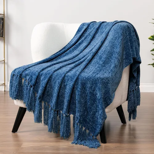 PAVILIA Manta de chenille azul para sofá, manta de punto suave con borla, manta decorativa para cama, silla o sala de estar, color azul, 50 x 60