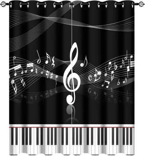 Miniatura 26 de Cortinas opacas de oscurecimiento de habitación con ojales, diseño rústico de símbolos musicales blancos y negros, tratamiento de ventana
