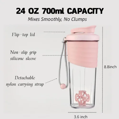 Miniatura 3 de Botella agitadora para mezclas de proteínas, 24 onzas, botellas agitadoras de proteínas con bola mezcladora, botella mezcladora, botella de Rosa