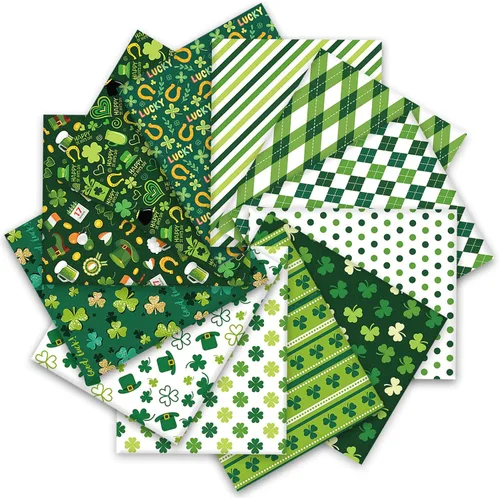 Whaline Paquete de 12 piezas de tela de algodón para el Día de San Patricio de 10 x 10 pulgadas, tela estampada con trébol verde cuadrado, trébol de