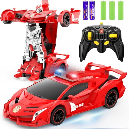 Miniatura 11 de FDJ - Auto a control remoto que se transforma en robot, transformación con un botón a robot con luz intermitente, juguete de policía para niños