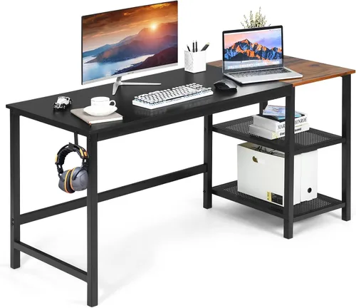 COSTWAY Escritorio para computadora de 59 pulgadas, con 2 estantes de almacenamiento extraíbles, estación de trabajo de escritura industrial con