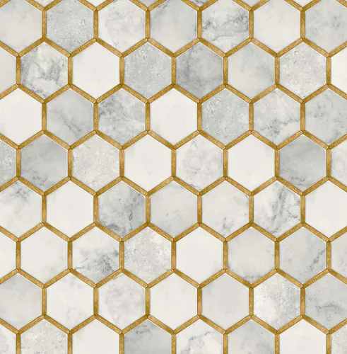 Miniatura 12 de NextWall Papel pintado geométrico hexagonal con incrustaciones para despegar y pegar (negro cósmico y plateado)