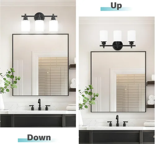 Miniatura 7 de Lámparas de baño negras de 3 luces, modernas luces de tocador sobre el espejo, apliques de pared de baño con pantalla de vidrio blanco, enchufe E26