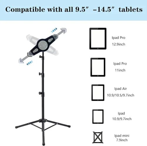 Miniatura 3 de Soporte de trípode para iPad, altura ajustable, soporte para iPad, soporte para tableta con rotación de 360 grados para iPad Pro12.9, iPad Air