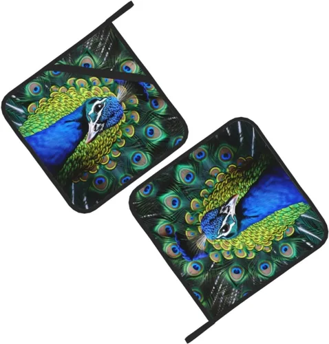 Miniatura 6 de 2 soportes para ollas para cocina, resistentes al calor, almohadilla caliente de pavo real azul, lavables, para cocinar, salvamanteles cuadrados