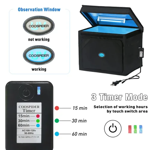 Miniatura 4 de Caja desinfectante UVC grande con ozono, bolsa limpiadora plegable con temporizador, bombilla UV de 36L/9.5 galones, bolsa negra para zapatos