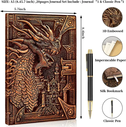 Miniatura 2 de DND - Cuaderno de Dungeon and Dragon de cuero en relieve 3D, diario de dragón con bolígrafo negro y funda para bolígrafo, diario de viaje vintage