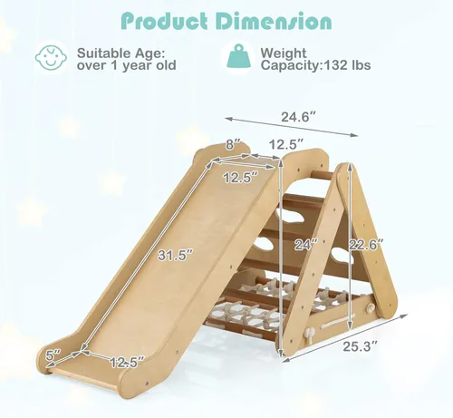 Miniatura 6 de HONEY JOY Escalador triangular 4 en 1 con rampa, escalera triangular de 3 lados para niños con cuerda de red y barras, juguetes de escalada Natural
