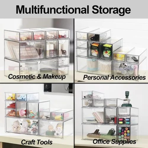 Miniatura 6 de Organizador de maquillaje acrílico, 10 cajones, organizador de almacenamiento transparente, cajones de almacenamiento apilables de escritorio