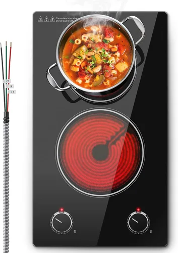 SNDOAS Cocina eléctrica de 2 quemadores, 12 pulgadas integrada de 3000 W y 9 niveles de potencia, estufa eléctrica con control de perilla, cableado
