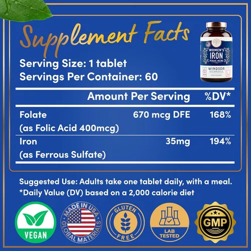 Miniatura 2 de Suplementos de hierro y ácido fólico para mujeres, 35 mg de vitamina de hierro suave, ácido fólico 400 mcg, anemia, período, suplemento de apoyo