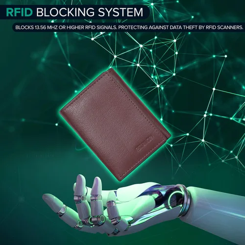 Miniatura 5 de Billetera de tres pliegues para hombre Cartera de piel auténtica con bloqueo RFID con 9 ranuras para tarjetas