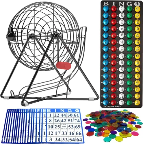 MR CHIPS Juego de bingo profesional de 11 pulgadas de alto con jaula de bingo de acero, bolas de bingo eternas de 7/8 pulgadas, 18 tarjetas de bingo
