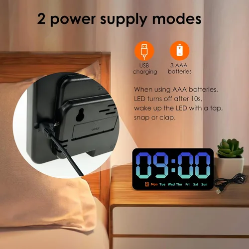 Miniatura 5 de Reloj de pared digital con atenuador de brillo de pantalla grande, reloj de pared digital LED con pantalla RGB, pequeño reloj de pared para sala