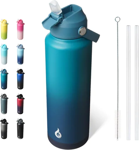Miniatura 34 de BJPKPK - Botella de agua aislada con tapa de popote, 532 ml Botellas termo con boquilla suave, asa flexible y base antideslizante, libre de BPA, a
