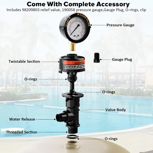 Miniatura 2 de Válvula de alivio de aire manual para filtros de piscina y spa, válvula de alivio de aire para filtro de piscina con manómetro de repuesto, válvula