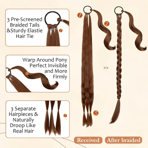 Miniatura 2 de Extensión de cola de caballo larga trenzada con banda para el cabello, color marrón claro, extensiones de cabello sintético suave y natural