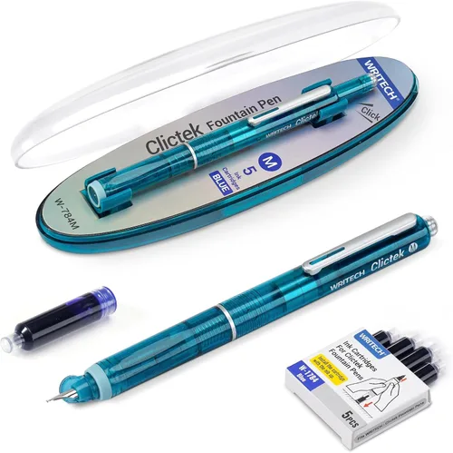Miniatura 9 de WRITECH Clictek Pluma Estilográfica Retráctil: Plumín Medio Tinta Azul Barril Transparente Incluye 5 Cartuchos de Tinta Recargables, Escritura Suave