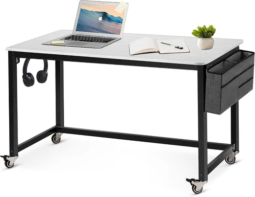 Miniatura 13 de AHB Escritorio para computadora con 4 ruedas lisas, escritorio móvil de estilo simple, mesa de estudio para oficina en casa, estación de trabajo