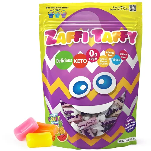 Zaffi Taffy - Caramelo de Pascua sin azúcar, sin tintes, apto para dieta keto y diabética, golosinas aprobadas por dentistas para niños (sabor