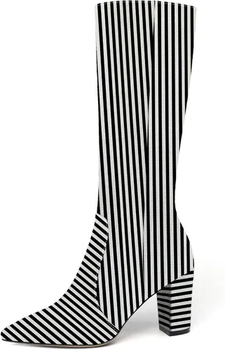 Miniatura 121 de AMBELIGHT Botas altas hasta la rodilla con cremallera y puntera puntiaguda para mujer, de patente sólida, tacón alto, 3.3 pulgadas