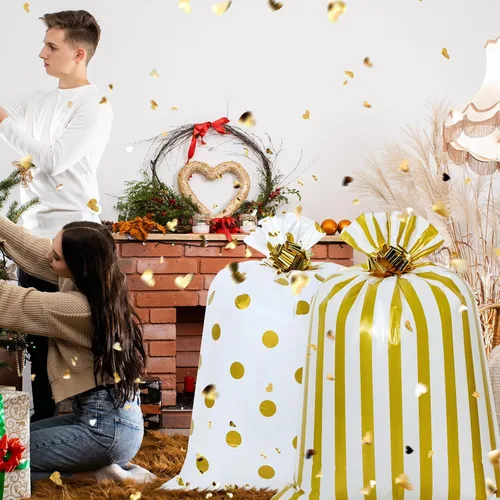 Miniatura 6 de Fulmoon 4 bolsas de regalo jumbo de 48 pulgadas, bolsas doradas extra grandes con flores de tirar, regalo gigante de plástico para regalo de Dorado