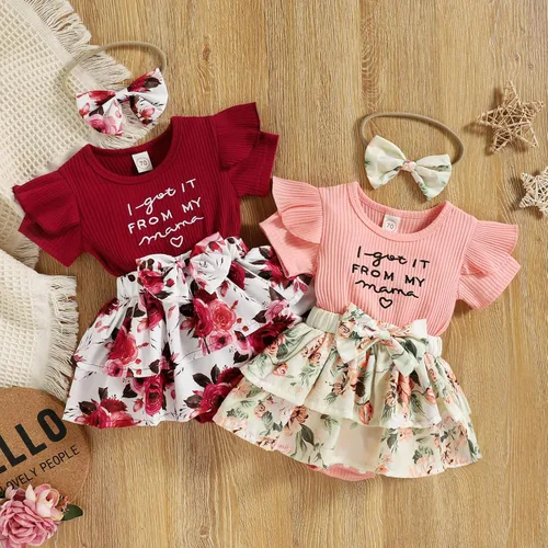 Miniatura 2 de Bowanadacles Traje de verano para bebé recién nacido, ropa floral de manga corta con volantes y diadema