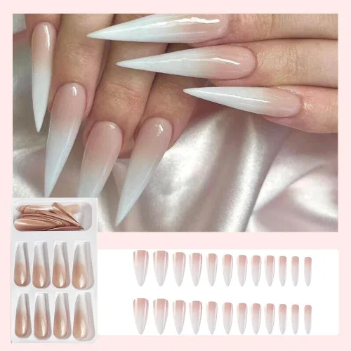 Miniatura 4 de Uñas postizas extralargas a presión con punta francesa de punta francesa degradada rosa a blanco, uñas postizas para mujeres y niñas, 24