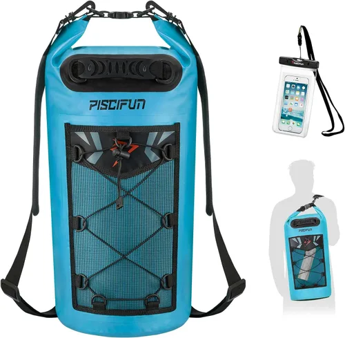 Piscifun Bolsa seca, mochila flotante impermeable 10L/20L/30L/40L con funda impermeable para teléfono para navegación, kayak, pesca Azul claro