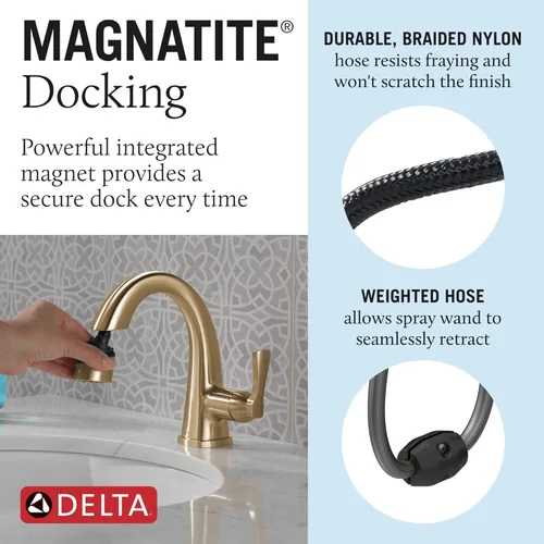 Miniatura 4 de Grifo Delta Stryke abatible para baño, grifo extraíble para baño, grifo de baño dorado de un solo orificio con rociador abatible, grifo de lavabo