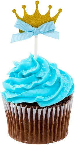 Restaurantware Top Cake - Corona para cupcakes en pulgadas, 100 púas de corona con purpurina, lazo azul para fiestas de cumpleaños o baby showers,
