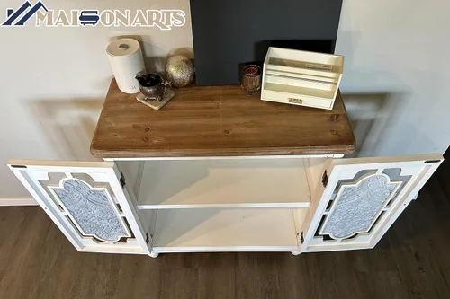 Miniatura 7 de MAISON ARTS Armario decorativo de buffet y aparador blanco con 2 puertas de almacenamiento para sala de estar, granja, cocina, gabinete de porcelana