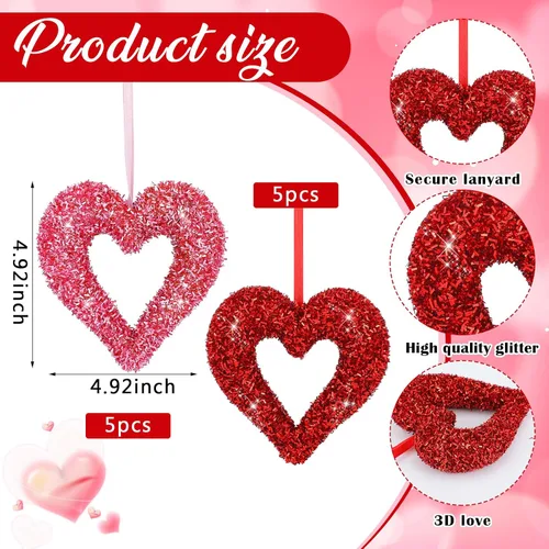 Miniatura 2 de Soulchen 10 adornos para árbol de San Valentín de 4.9 pulgadas, tamaño grande, de espuma de corazón con purpurina en 3D, decoración romántica