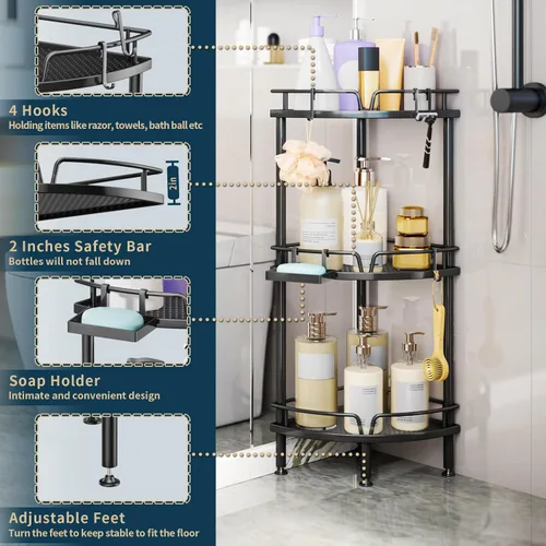 Miniatura 4 de Consumest Soporte Esquinero para Ducha - Organizador de Ducha de 3 Niveles con Soporte para Jabón, Estantes de Esquina Altos de Pie con Patas