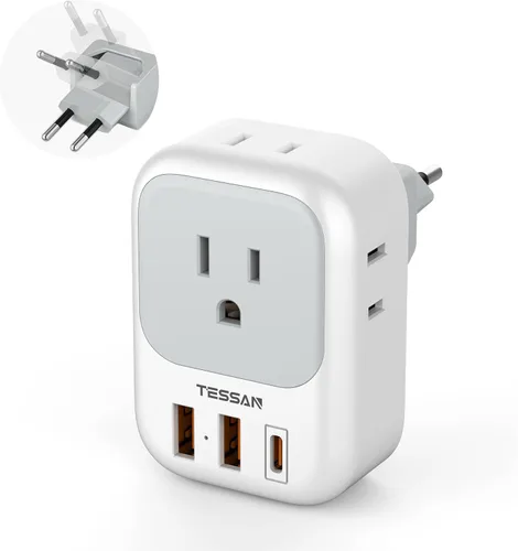 Miniatura 10 de Adaptador de enchufe de viaje europeo USB C, adaptador de enchufe internacional TESSAN con 4 salidas de CA, 3 puertos de carga USB, adaptador