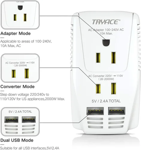 Convertidor de voltaje mejorado de 2000 W, 220 V a 110 V, voltaje reductor para secador de pelo, alisador, rizador, convertidor de energía para
